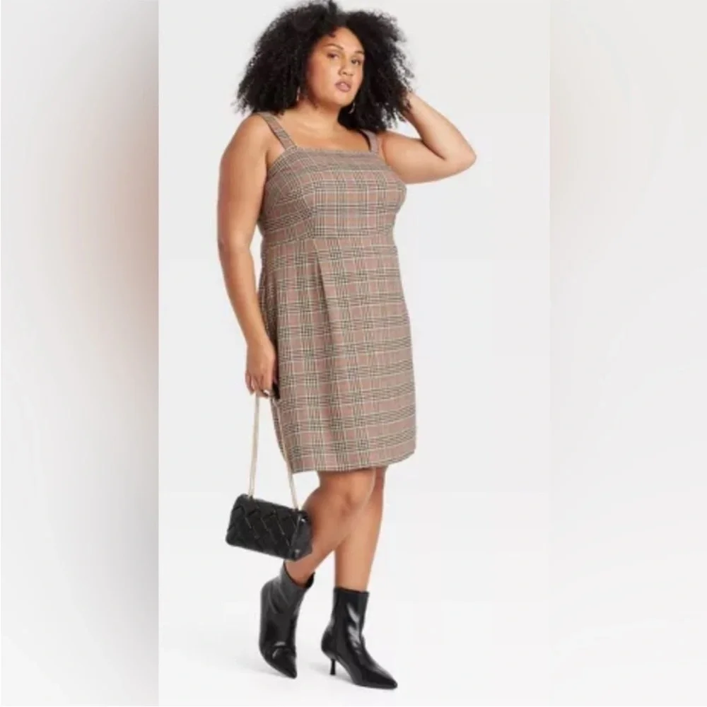 Women's Tailored Mini A-Line Dress - Ava & Viv™ Tan and Rust Plaid - Picture 2 of 5